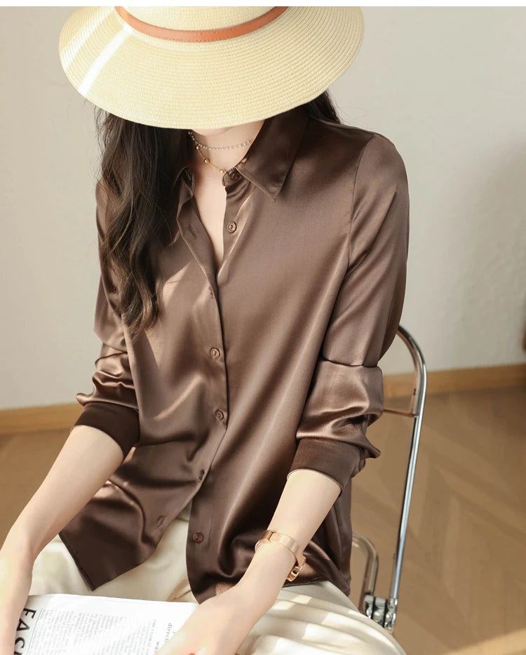 Spring Autumn Elegant Satin Women's Blouse 2026 New Long Sleeve Turn-down Collar Korean Casual Loose Office Lady Shirts Female