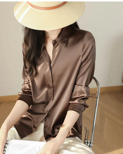Spring Autumn Elegant Satin Women's Blouse 2026 New Long Sleeve Turn-down Collar Korean Casual Loose Office Lady Shirts Female