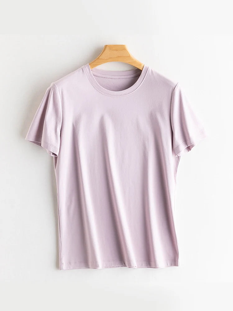 SuyaDream Women Solid T shirts, Silk Cotton Blend, O Neck, Short Sleeved Solid Tee,2026 Summer Candy Colors Basic Cozy Top Green