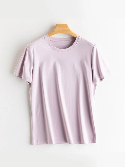 SuyaDream Women Solid T shirts, Silk Cotton Blend, O Neck, Short Sleeved Solid Tee,2026 Summer Candy Colors Basic Cozy Top Green