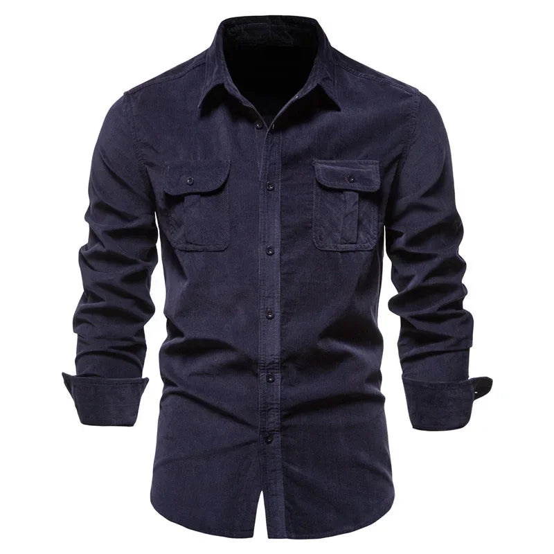 Fashion Single Breasted Cotton Men's Shirt Business Casual Fashion Solid Color Corduroy Men Shirts Autumn Slim Shirt Men