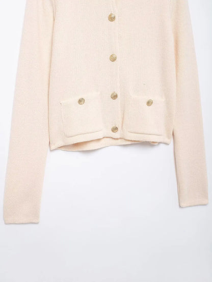 Women's Winter Slim Short Knitted Cardigan Jacket Retro Round Neck Gold Breasted Decoration Elegant Women's Casual Jacket