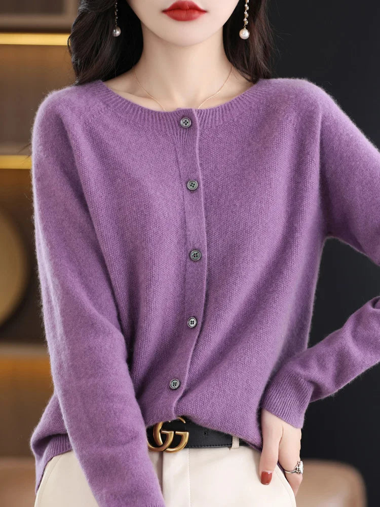 2026 New Chic Women's Basic O-neck Cardigan 100% Merino Wool Sweater Soft Grace Knitwear CoatSpring Autumn Female Clothes Tops