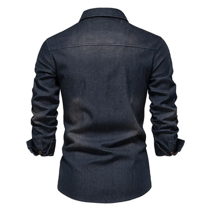 2025 Men's Long Sleeve Shirt Spring Autumn Denim Blouses Pocket Decoration Lapel Button Casual Shirt Quality Clothing Plus Size