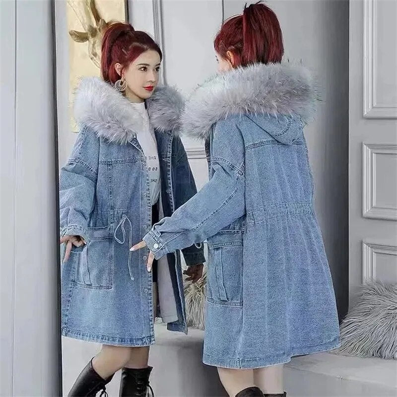 Abrigos vaqueros para mujer, prendas de vestir, chaqueta vaquera de lana gruesa y cálida, Parka larga holgada coreana con cuello de piel y capucha, novedad de 2022