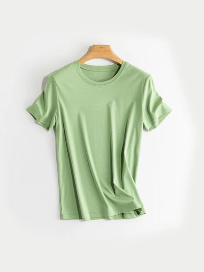 SuyaDream Women Solid T shirts, Silk Cotton Blend, O Neck, Short Sleeved Solid Tee,2026 Summer Candy Colors Basic Cozy Top Green