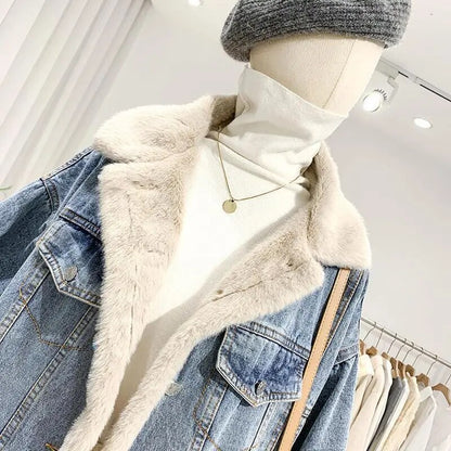 Double-Sided Lamb Wool Denim Jacket Women's Velvet Thick Furry Casual BF Padded Loose Winter Cowgirls Coat
