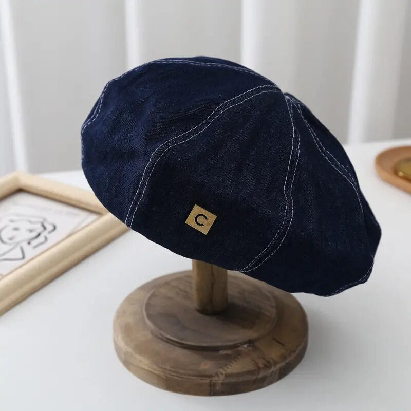 Boinas de mezclilla sombrero Retro Casual primavera y verano sombra pintor gorra alfabeto coreano boina azul sombreros de mujer