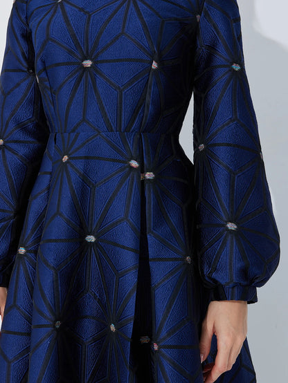 Fall/Winter Turned Collar Lined Sleeve A-Line Silhouette Geometric Heavyweight Jacquard Elegant and Graceful Long Dress