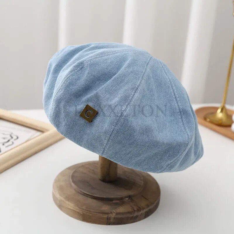 Boinas de mezclilla sombrero Retro Casual primavera y verano sombra pintor gorra alfabeto coreano boina azul sombreros de mujer