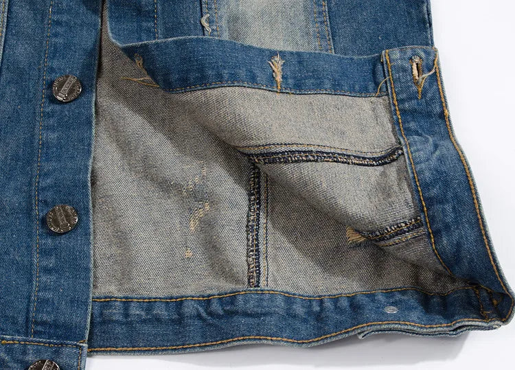 Men Slim Denim Vests Waistcoats Jackets Fashion Male Blue Fit Denim Coats Vests Large Size Punk Style Holes Jeans Vest Size 6XL