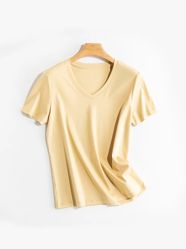 SuyaDream Women Solid T shirts, Silk Cotton Blend, O Neck, Short Sleeved Solid Tee,2026 Summer Candy Colors Basic Cozy Top Green