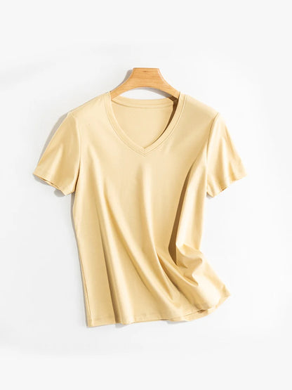 SuyaDream Women Solid T shirts, Silk Cotton Blend, O Neck, Short Sleeved Solid Tee,2026 Summer Candy Colors Basic Cozy Top Green