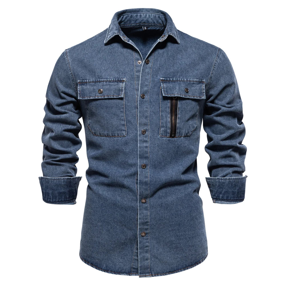 AIOPESON Mens 100% Cotton Denim Shirts Autumn Thick Cowboy High Quality Male Shirt Solid Color Button Casual Jeans Shirt