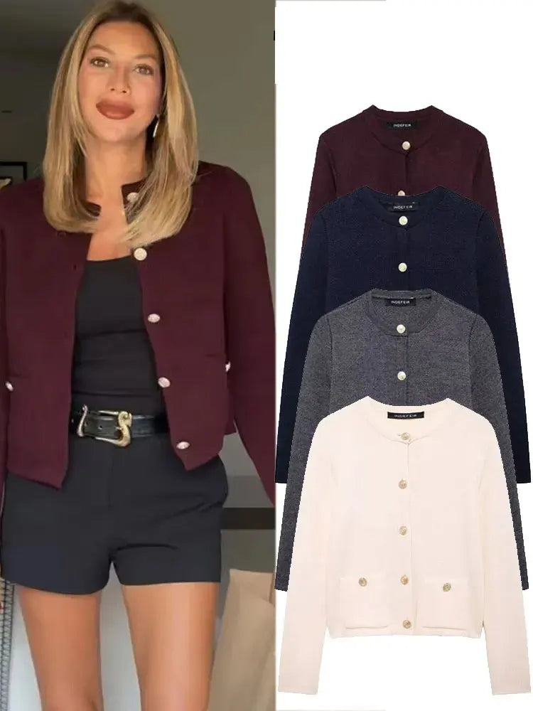 Women's Winter Slim Short Knitted Cardigan Jacket Retro Round Neck Gold Breasted Decoration Elegant Women's Casual Jacket