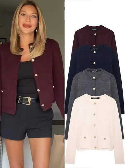 Women's Winter Slim Short Knitted Cardigan Jacket Retro Round Neck Gold Breasted Decoration Elegant Women's Casual Jacket