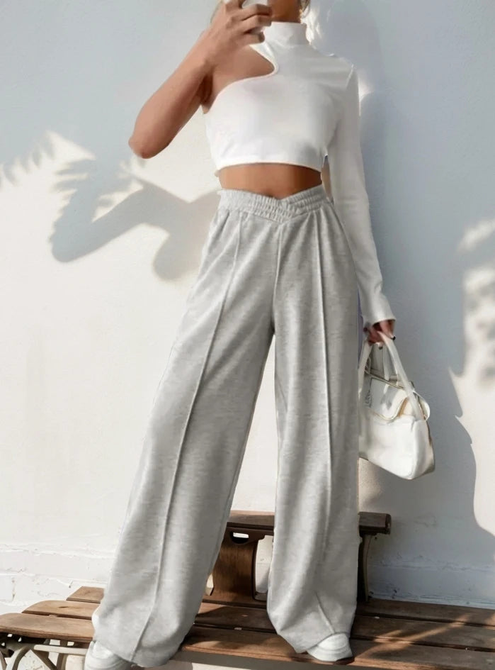 Athleisure Women's Pants Grey Loose Wide Leg Pants V-shaped High Waist Spliced Wide Leg Pants Women's Casual Loose Trouser