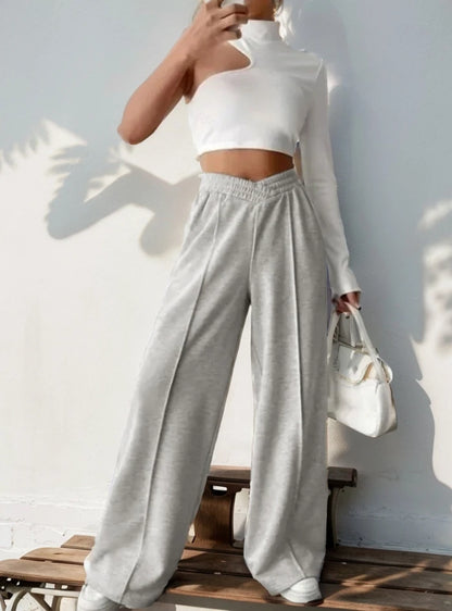 Athleisure Women's Pants Grey Loose Wide Leg Pants V-shaped High Waist Spliced Wide Leg Pants Women's Casual Loose Trouser