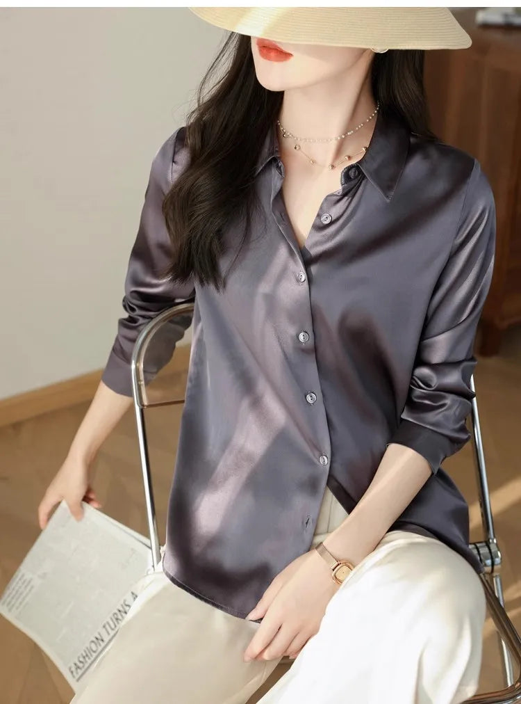 Spring Autumn Elegant Satin Women's Blouse 2026 New Long Sleeve Turn-down Collar Korean Casual Loose Office Lady Shirts Female