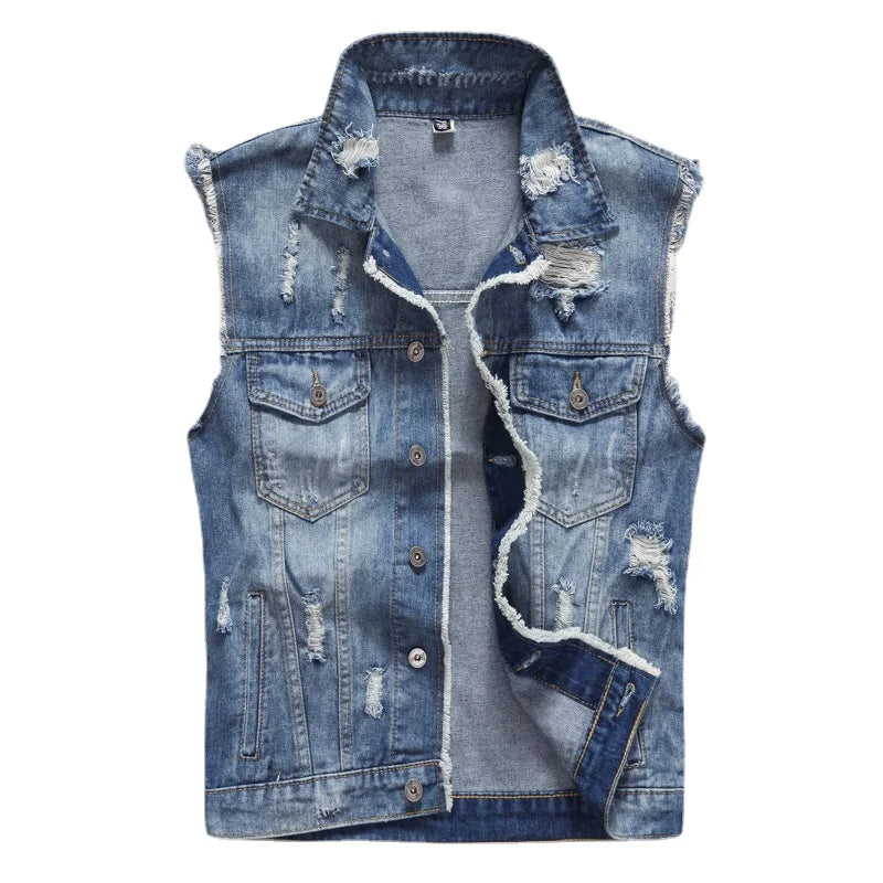 Men Ripped Denim Waistcoats Vests Jackets Light Blue Holes Denim Coats Vests New Fashion Male Cotton Slim Jeans Waistcoats 5XL