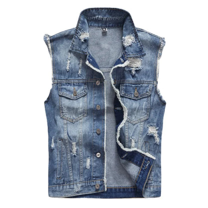 Men Ripped Denim Waistcoats Vests Jackets Light Blue Holes Denim Coats Vests New Fashion Male Cotton Slim Jeans Waistcoats 5XL