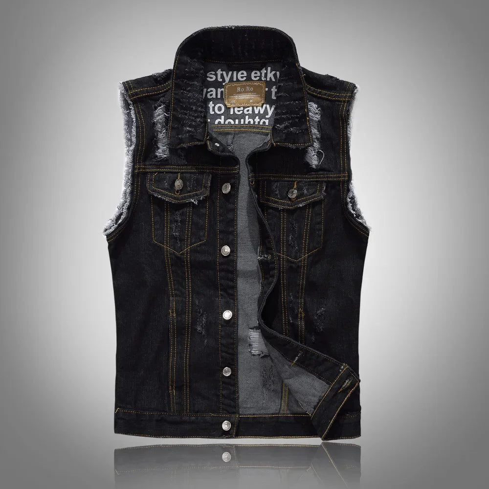 Men Slim Denim Vests Jackets Waistcoats Fashion Male Fit Blue Denim Coats Vests Street Wear Holes Jeans Vest Large Size Size 5XL