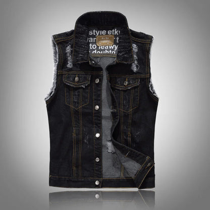 Men Slim Denim Vests Jackets Waistcoats Fashion Male Fit Blue Denim Coats Vests Street Wear Holes Jeans Vest Large Size Size 5XL