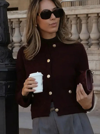Women's Winter Slim Short Knitted Cardigan Jacket Retro Round Neck Gold Breasted Decoration Elegant Women's Casual Jacket