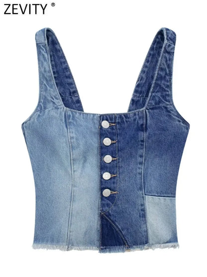 Zevity New Women Vintage Single Breasted Cloth Patchwork Denim Sling Blouse Femme Short Vest Shirt Chic Blusas Crop Tops LS4332