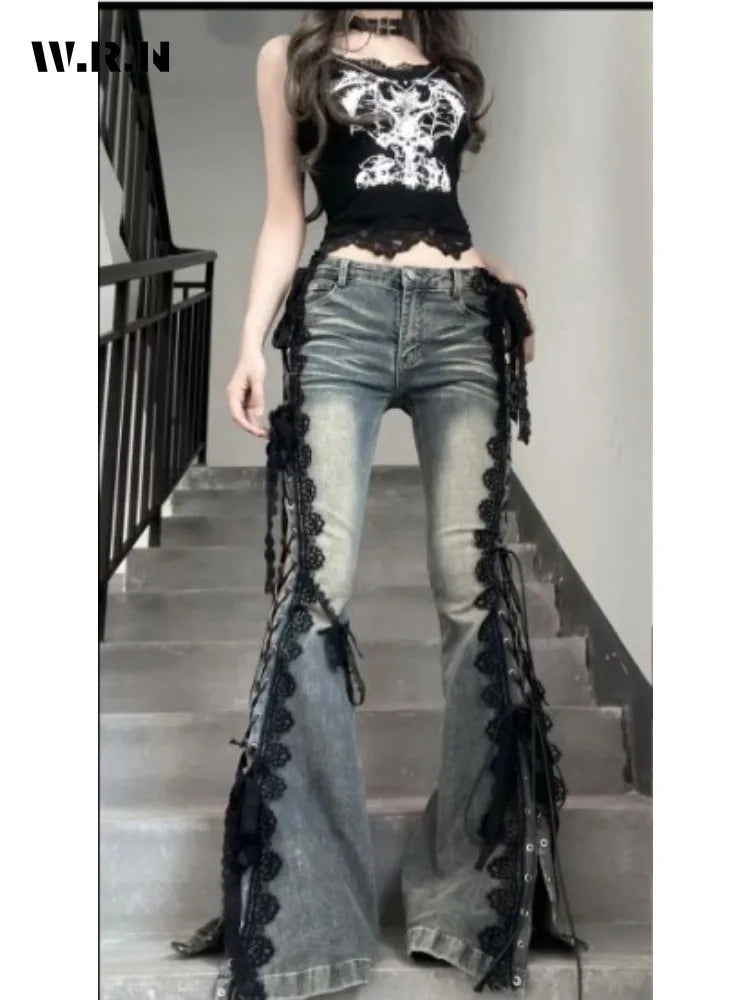 Retro Eyelets Lace Up Flare Jeans Stitch Lace Whiskers Slim Low Rise Split Bootcut Pants Women Bell Bottoms Streetwear