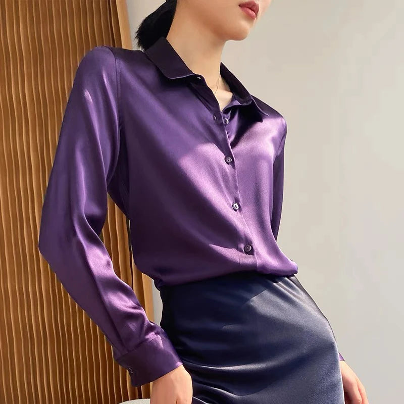 Spring Autumn Elegant Satin Women's Blouse 2026 New Long Sleeve Turn-down Collar Korean Casual Loose Office Lady Shirts Female