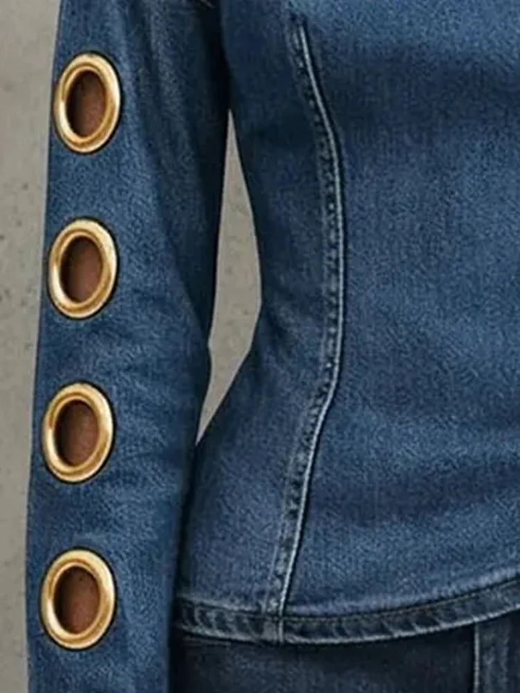Women's Denim One Shoulder Blouse, Long Sleeve Gold Eyelet Asymmetrical Top, Casual Streetwear Slim Fit Shirt for Party