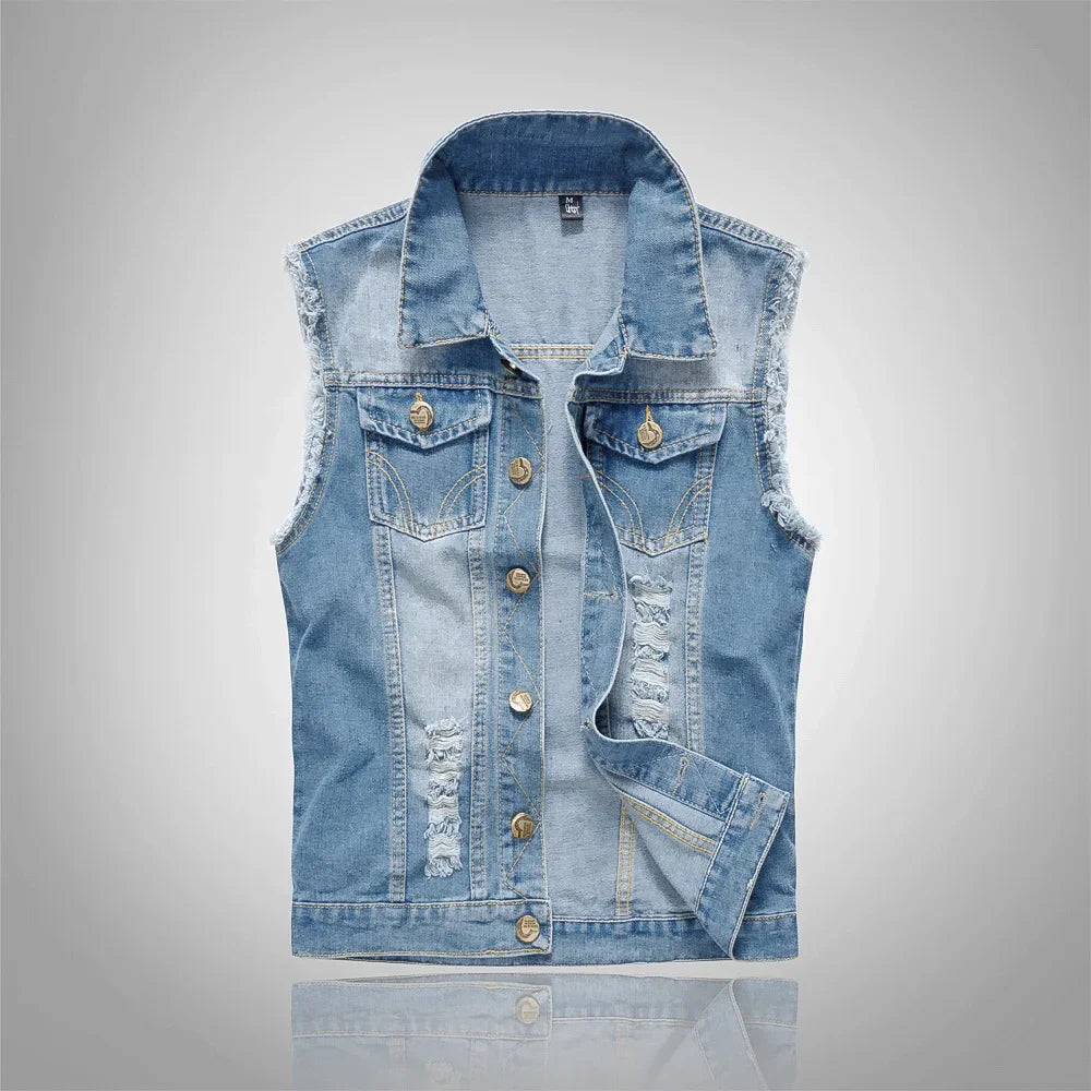 Men Slim Denim Vests Waistcoats Jackets Fashion Male Blue Fit Denim Coats Vests Large Size Punk Style Holes Jeans Vest Size 6XL