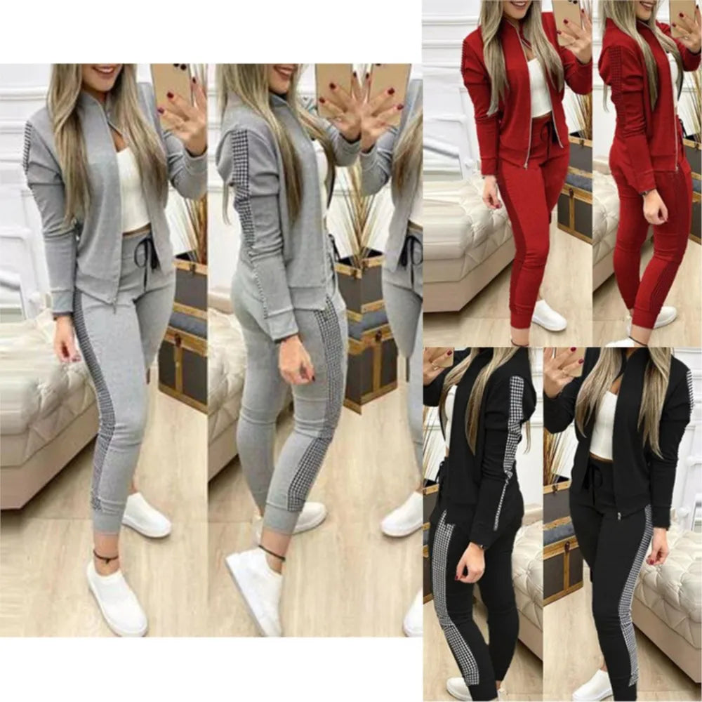 Athleisure Zipper Jacket Women's Suit Spring Fashion Patchwork Plaid Slim Fit Timid Feet Trousers Female 2 Piece Set 2025
