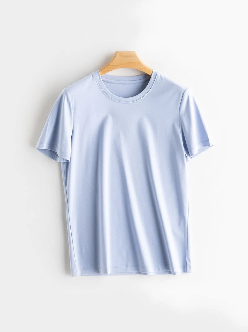 SuyaDream Women Solid T shirts, Silk Cotton Blend, O Neck, Short Sleeved Solid Tee,2026 Summer Candy Colors Basic Cozy Top Green