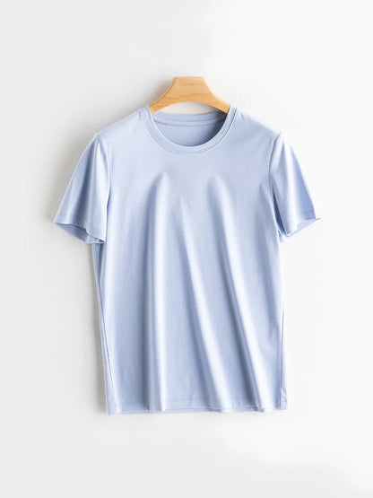 SuyaDream Women Solid T shirts, Silk Cotton Blend, O Neck, Short Sleeved Solid Tee,2026 Summer Candy Colors Basic Cozy Top Green