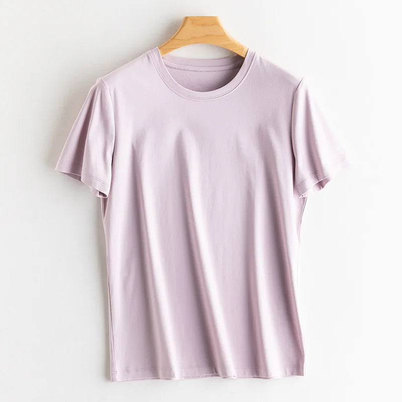 SuyaDream Women Solid T shirts, Silk Cotton Blend, O Neck, Short Sleeved Solid Tee,2026 Summer Candy Colors Basic Cozy Top Green