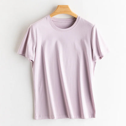 SuyaDream Women Solid T shirts, Silk Cotton Blend, O Neck, Short Sleeved Solid Tee,2026 Summer Candy Colors Basic Cozy Top Green