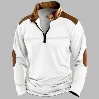 Men's contrasting half-zip stand-up collar long-sleeved top with European and American retro elbow patch design casual pullover