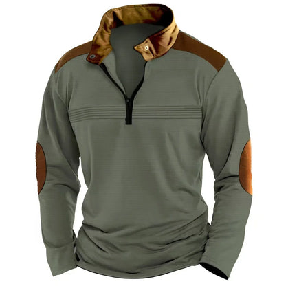 Men's contrasting half-zip stand-up collar long-sleeved top with European and American retro elbow patch design casual pullover