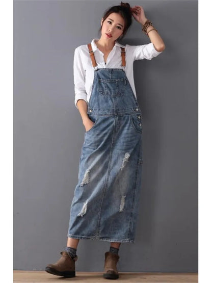 Women Loose Denim Dress Ladies Bleached Holes Denim Dress Female Spaghetti Strap Ripped Vintage Denim Dresses
