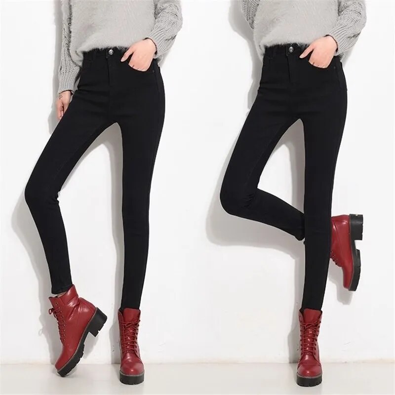 Vaqueros gruesos de invierno con forro de felpa aterciopelada para mujer, nuevos Pantalones vaqueros ajustados y cálidos, Pantalones ajustados hasta el tobillo, Leggings Vaqueros