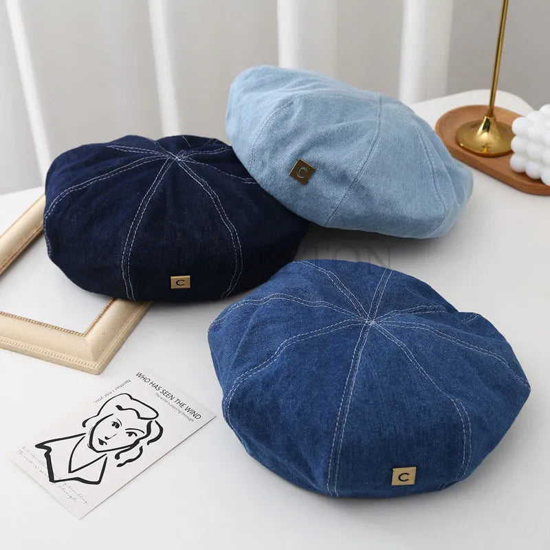 Boinas de mezclilla sombrero Retro Casual primavera y verano sombra pintor gorra alfabeto coreano boina azul sombreros de mujer