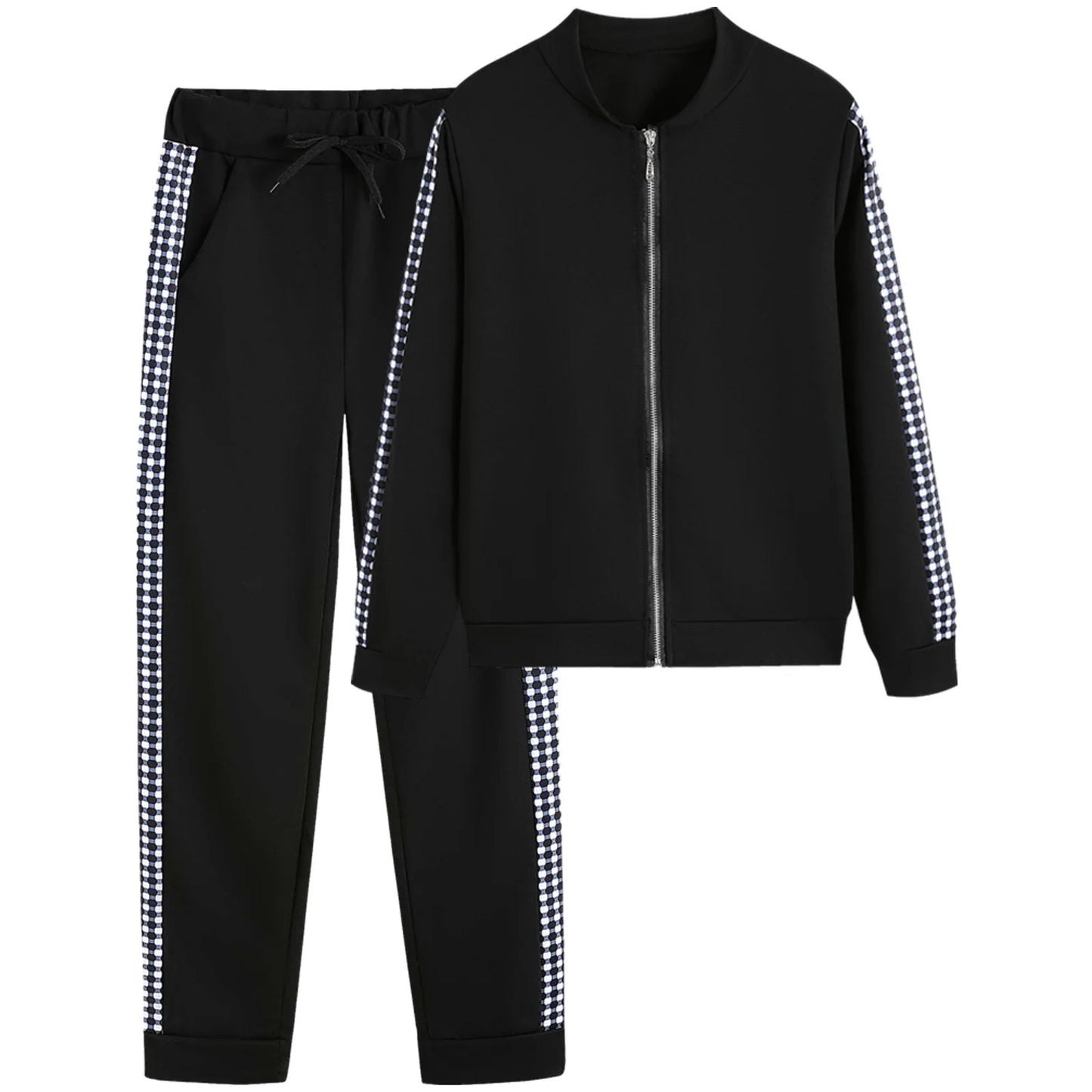 Athleisure Zipper Jacket Women's Suit Spring Fashion Patchwork Plaid Slim Fit Timid Feet Trousers Female 2 Piece Set 2025