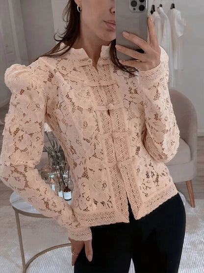 Women's Lace Printed Shirts Tops Spring New Full Sleeve Hollow Out Single Breasted Patchwork Blouse Female Fashion Shrug Shirts