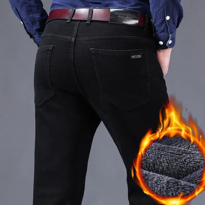 2025 New business casual Trousers Grey Fleece Men Clothes Black Elasticity Warm Winter Jeans Velvet Jeans
