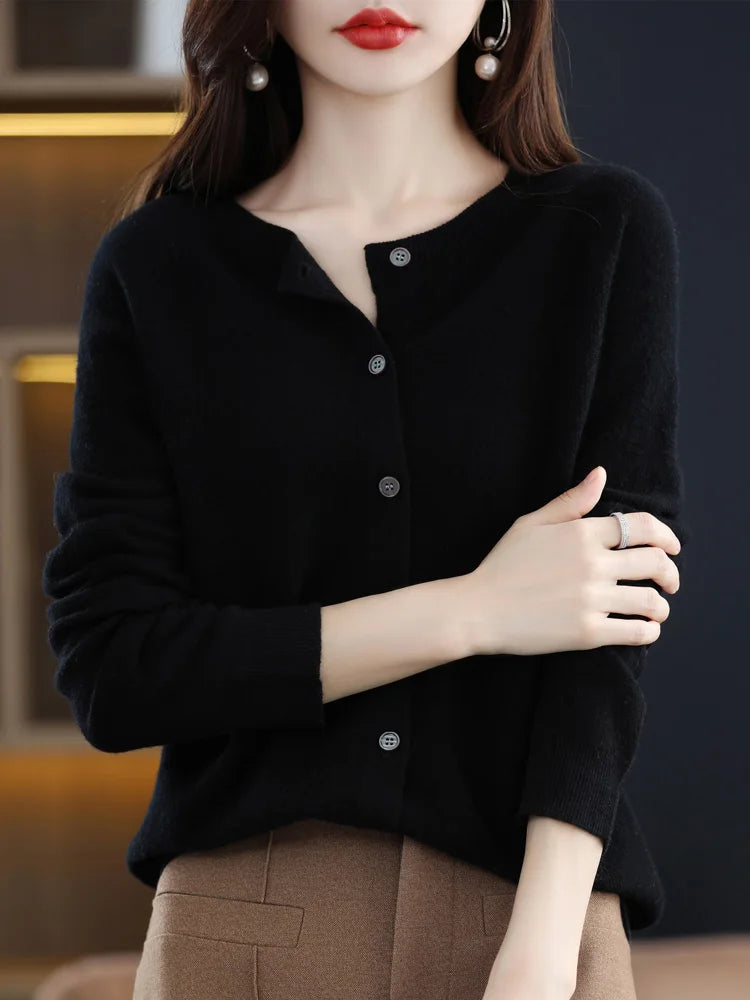 2026 New Chic Women's Basic O-neck Cardigan 100% Merino Wool Sweater Soft Grace Knitwear CoatSpring Autumn Female Clothes Tops