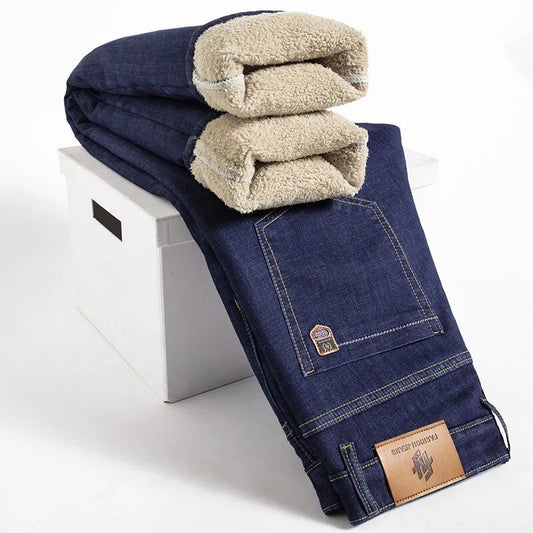 Pantalones vaqueros rectos con pelusa de cordero para hombre, Vaqueros gruesos de talla grande 40, Vaqueros elásticos de cintura alta con forro polar, Vaqueros ajustados cálidos para invierno