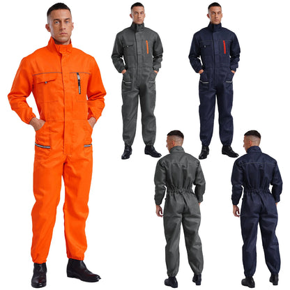 Men Resistant Coveralls Work Uniforms for Factory Workshop Stand Collar Long Sleeve Multi-pockets One-piece Jumpsuit Worker Wear