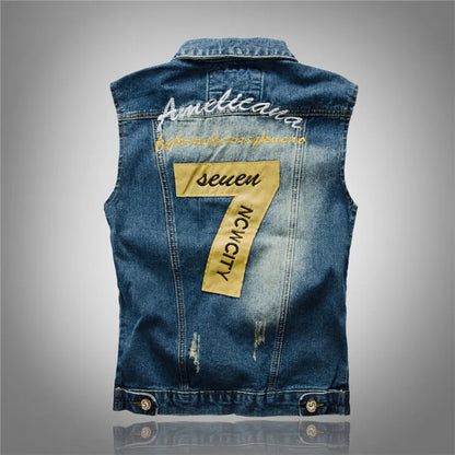 Men Slim Denim Vests Waistcoats Jackets Fashion Male Blue Fit Denim Coats Vests Large Size Punk Style Holes Jeans Vest Size 6XL